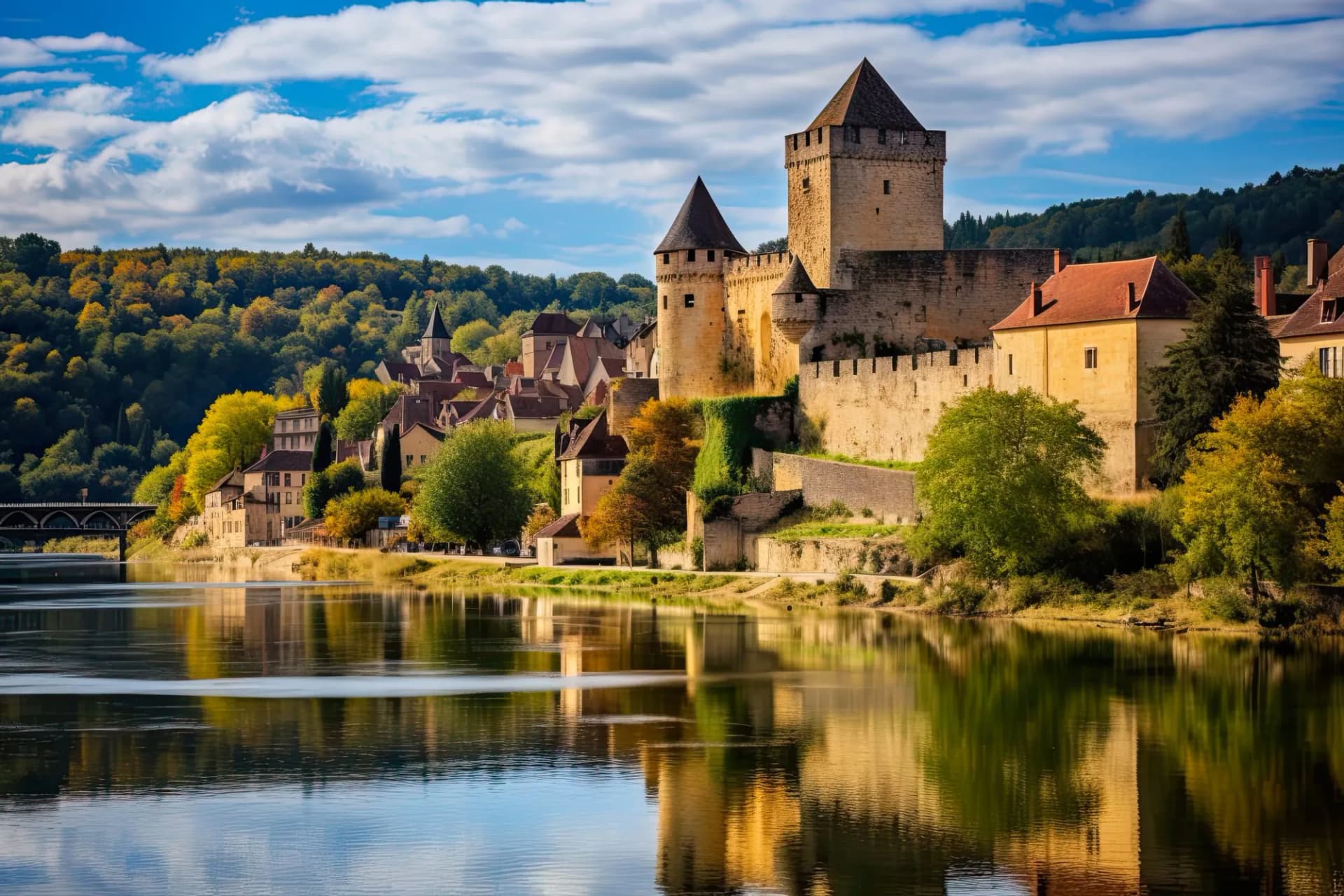 Medieval castle and town reflected in the Dordogne River with autumn foliage.