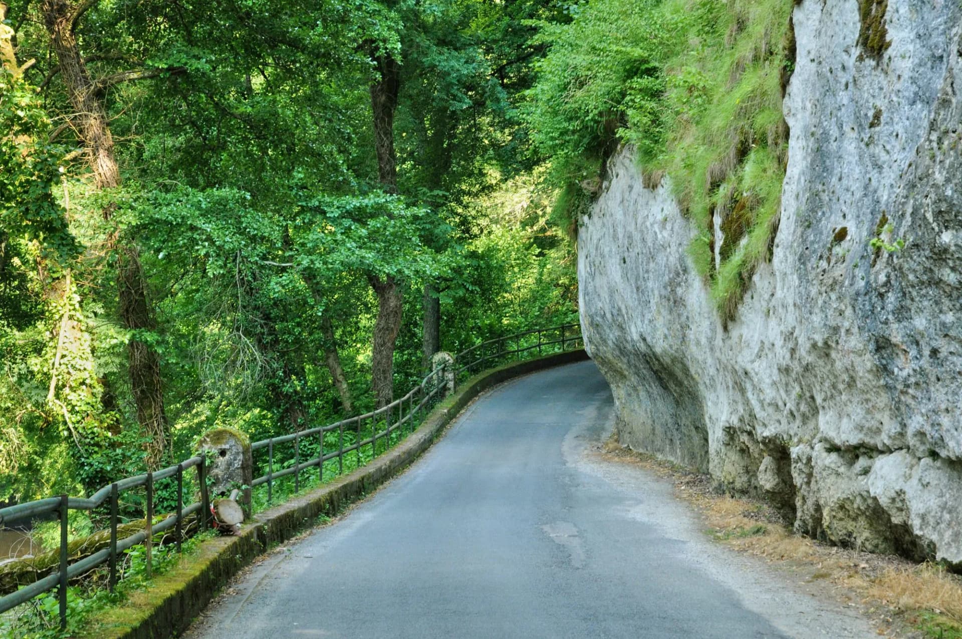 Winding paved road next to a steep rock face and lush green forest with a metal guardrail.