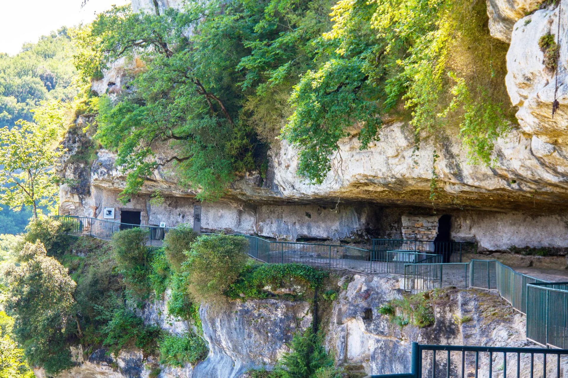 Cliffside walkway with green railings leading to cave entrances under an overhang with lush green trees.