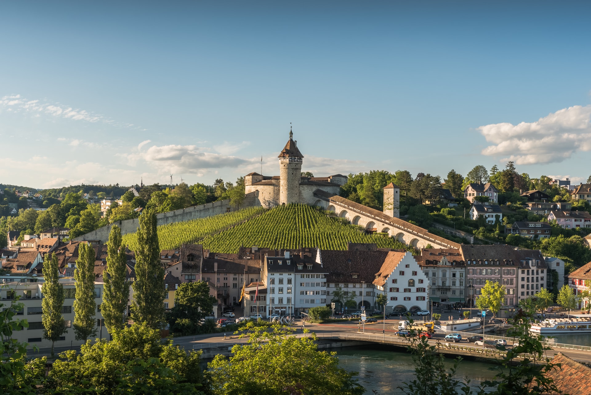 Schaffhausen with Munot fortress overlooking vineyards, river, and historic town buildings.