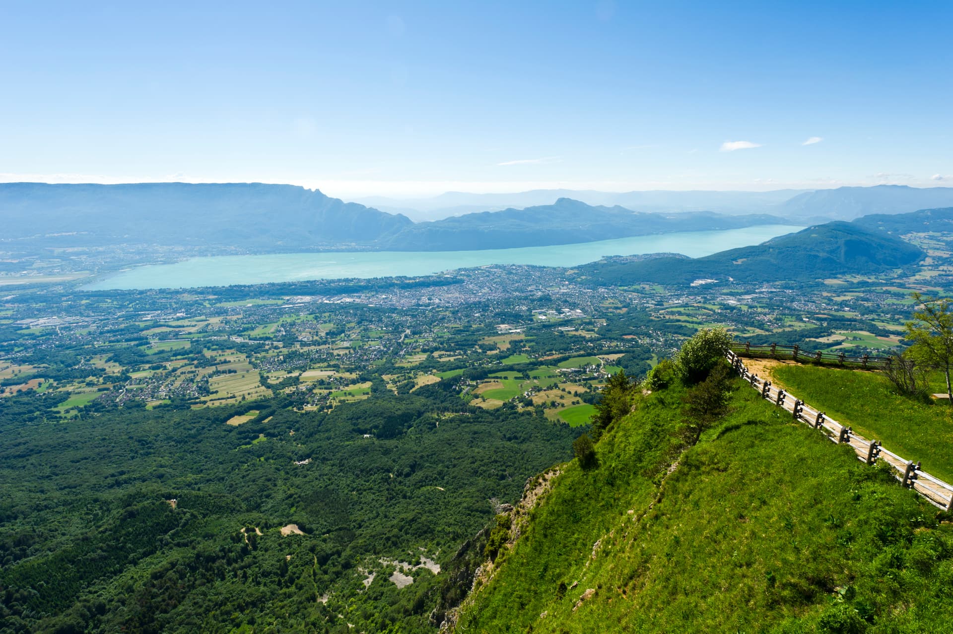 Viewpoint overlooking Aix-les-Bains and Lac du Bourget from Mont Revard, Savoie, France.
