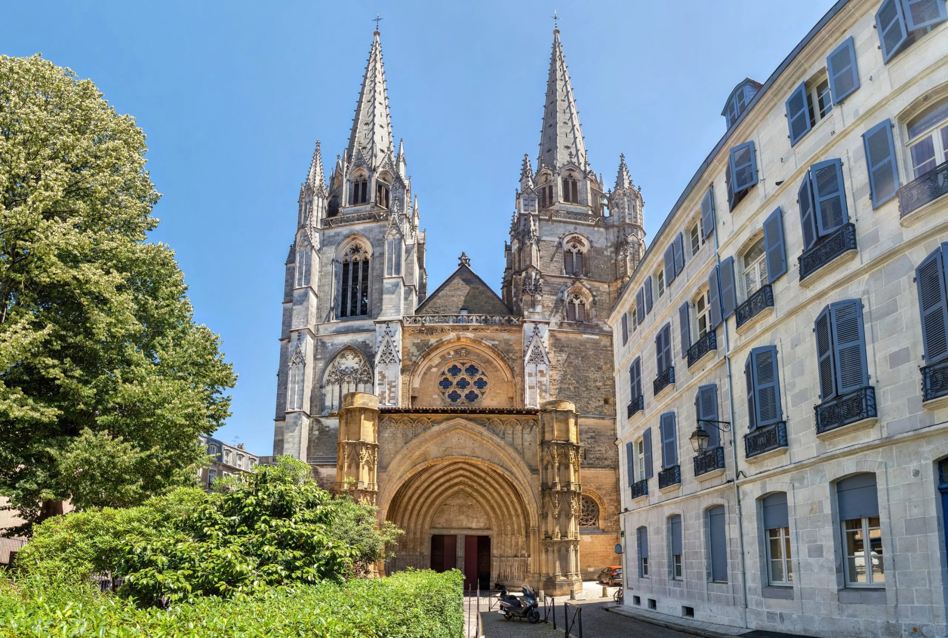 Gothic facade of Sainte-Marie de Bayonne Cathedral in Bayonne, Nouvelle-Aquitaine, France.
