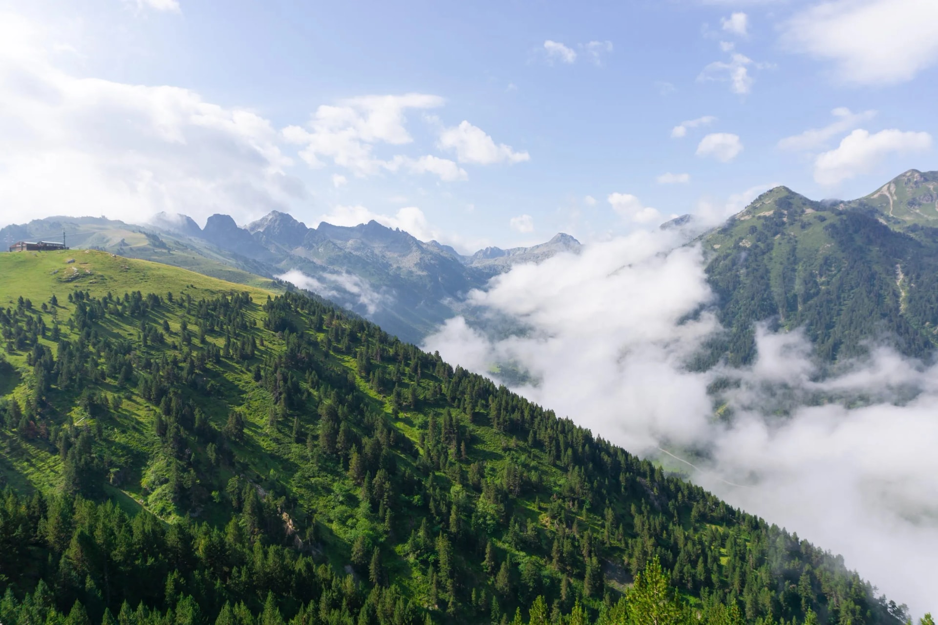 High-altitude mountains with green slopes and pine trees below clouds, seen from La Bonaigua in the Aran Valley.