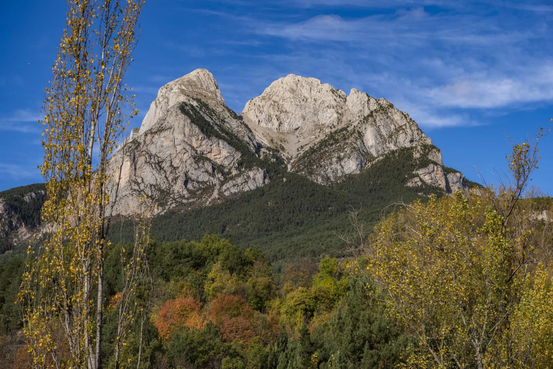 Rocky mountain peaks above dark forest with autumn foliage under blue sky in Catalonia.