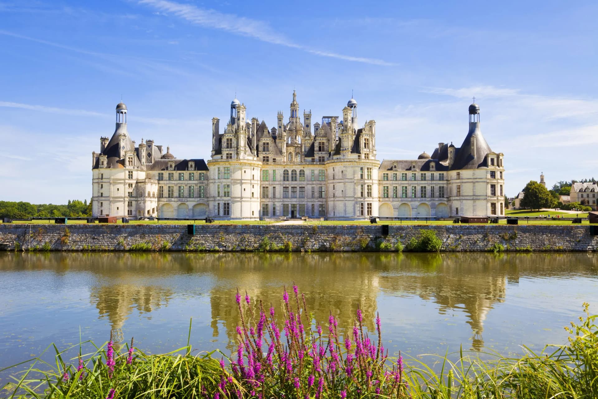 Chambord Chateau reflected in the canal on a summer day with blue sky and purple flowers.
