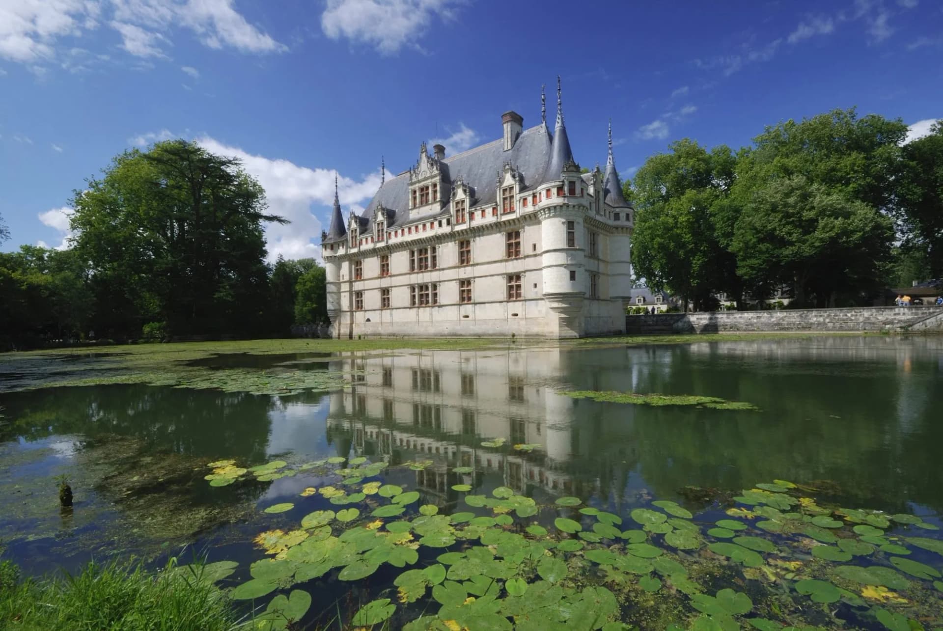 Chateau reflected in moat with lily pads under a blue sky, Renaissance architecture style.