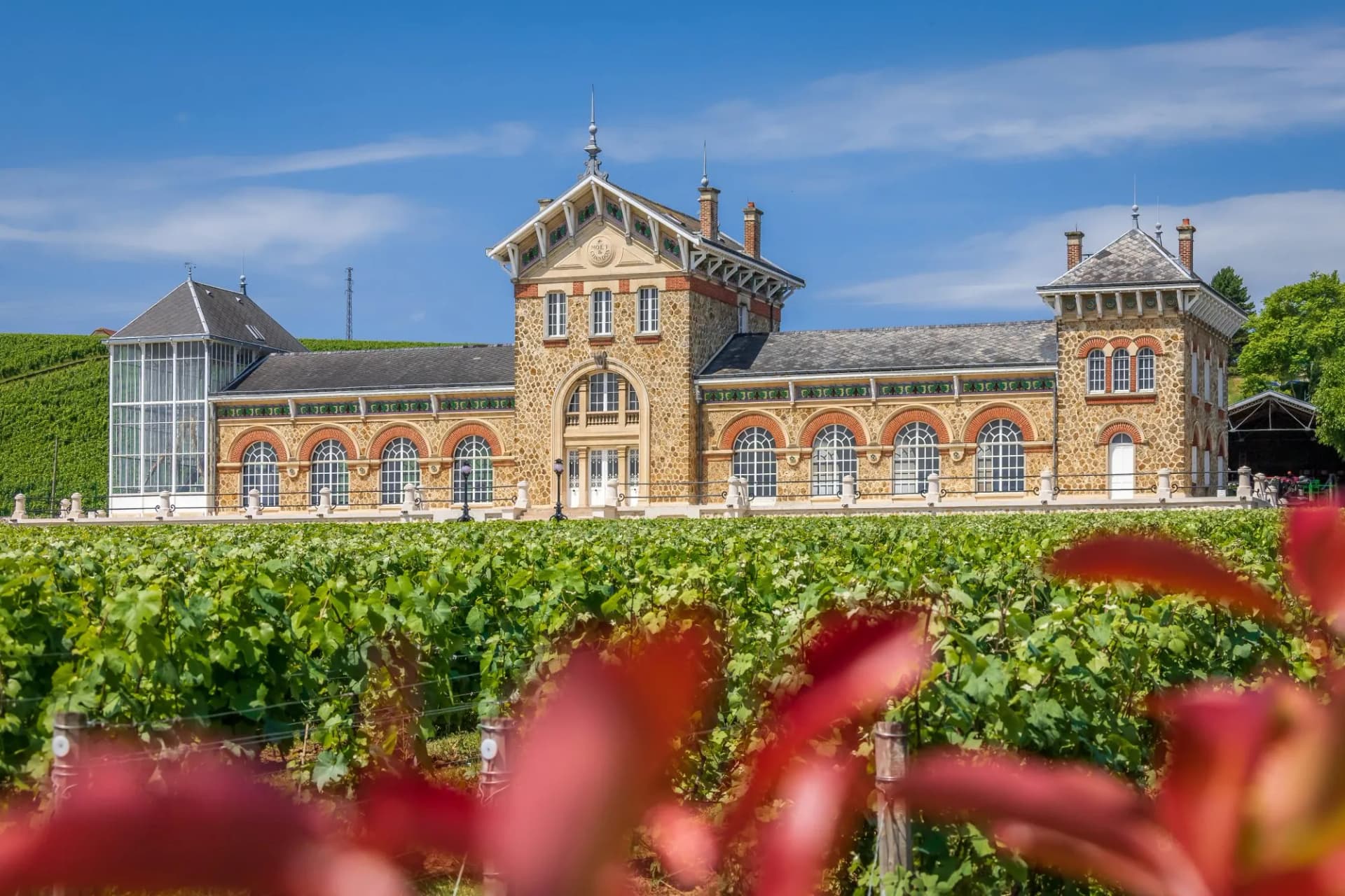 Fort Chabrol in Epernay with stone facade overlooking lush green vineyard under blue sky.