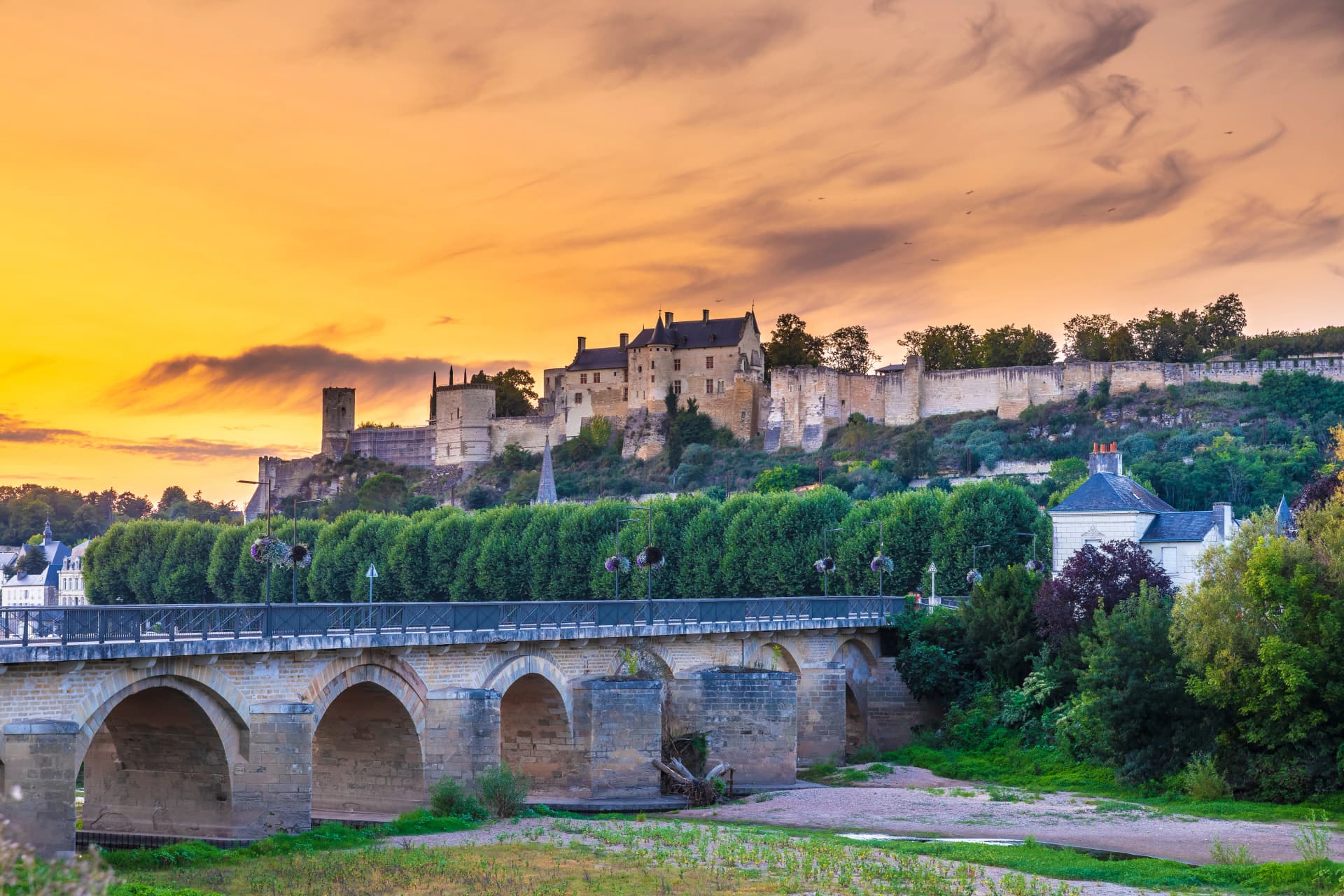 Chinon village France, under a beautiful sunset