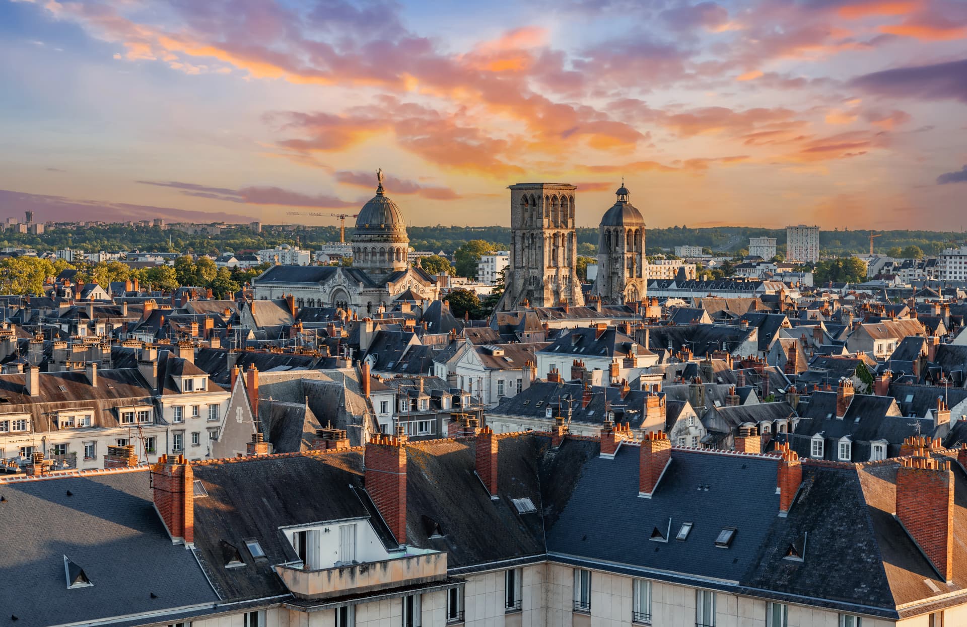 Aerial cityscape view of Tours City in the Loire Valley in sunset light in France