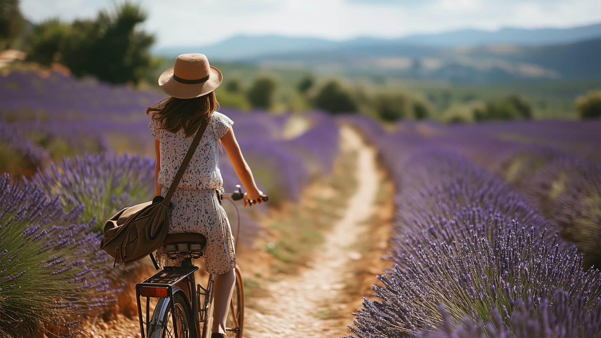 young woman rides bike through lavender fields in provence