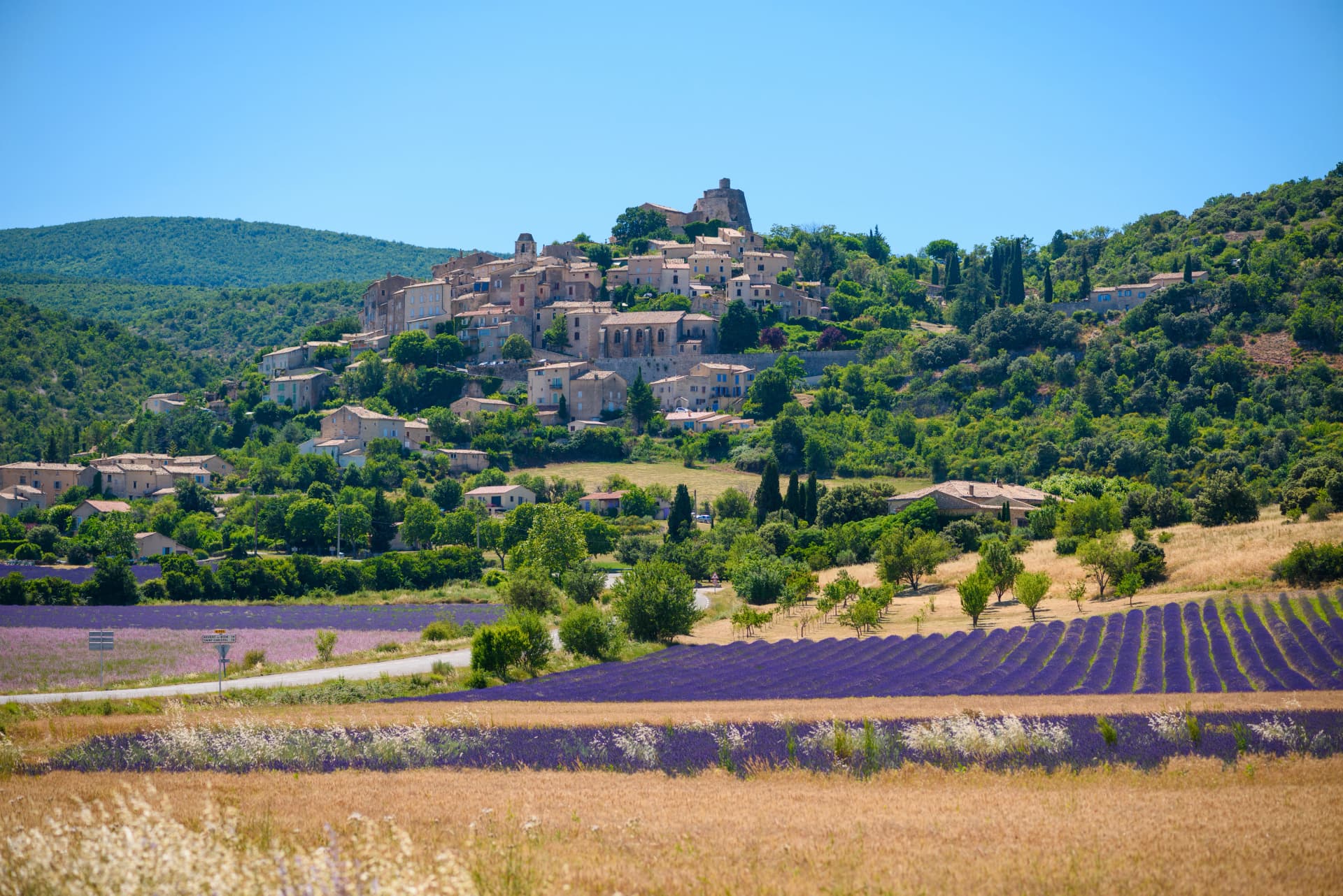City of Saint-Saturnin-les-Apt on the hill with lavender fields in valley on summer day. Provence, France