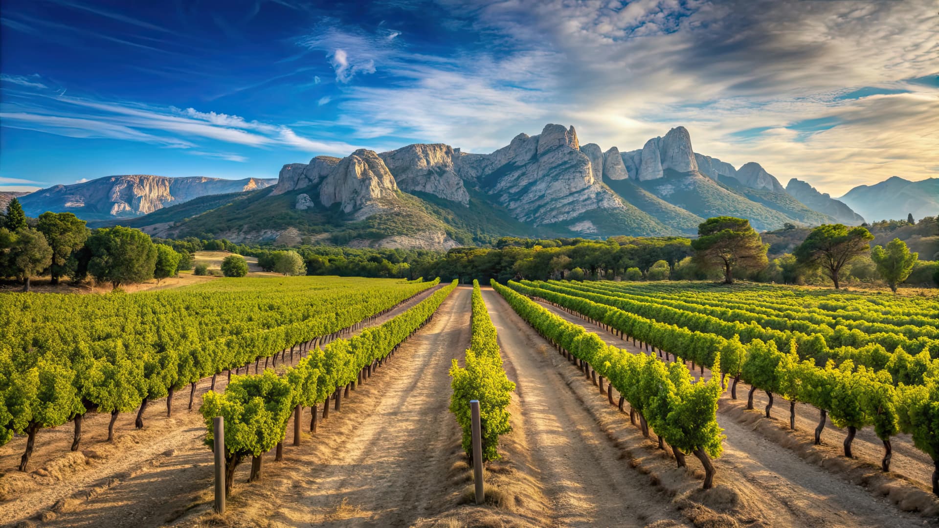 Vineyard rows with Alpilles mountains backdrop in Provence, Vineyard, Rows, Vines, Alpilles