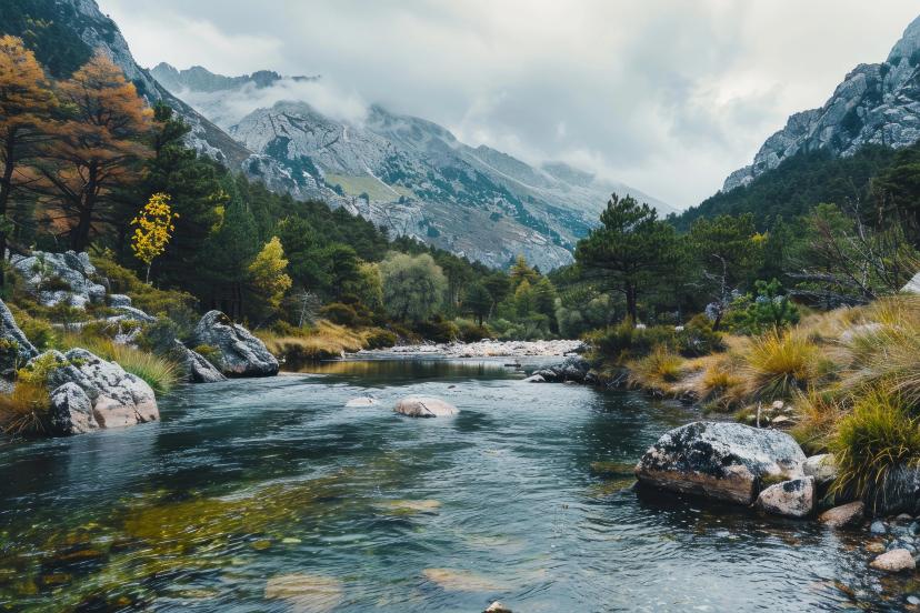 Restonica gorges in corsica island, a wild and scenic river flowing through a valley with colorful autumn trees and clouds covering the mountains