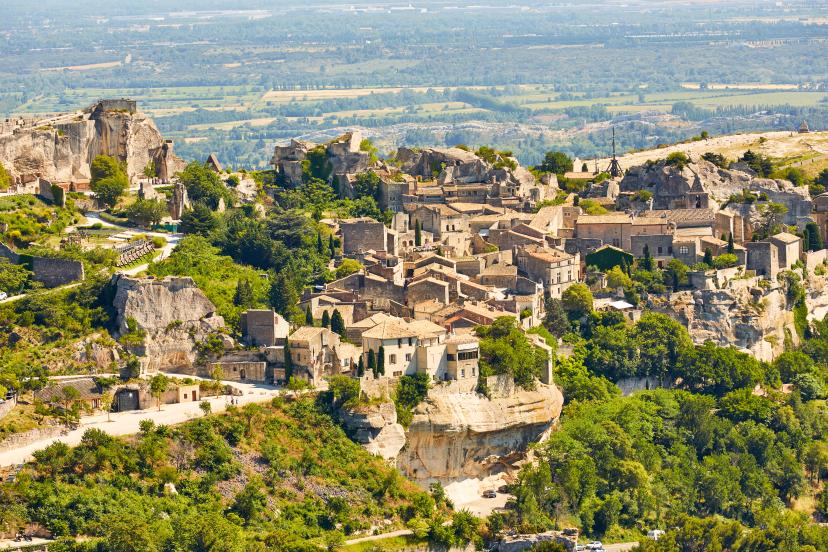 Provencal village Les Baux de Provence and view of Sarragan stones