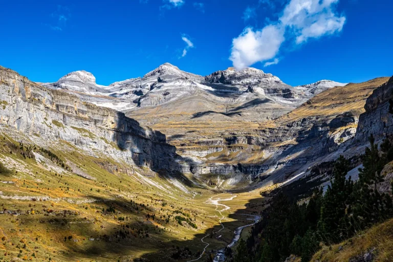 Autumn landscape view of beautiful nature in Ordesa and Monte Perdido National park, Pyrenees, Aragon in Spain.