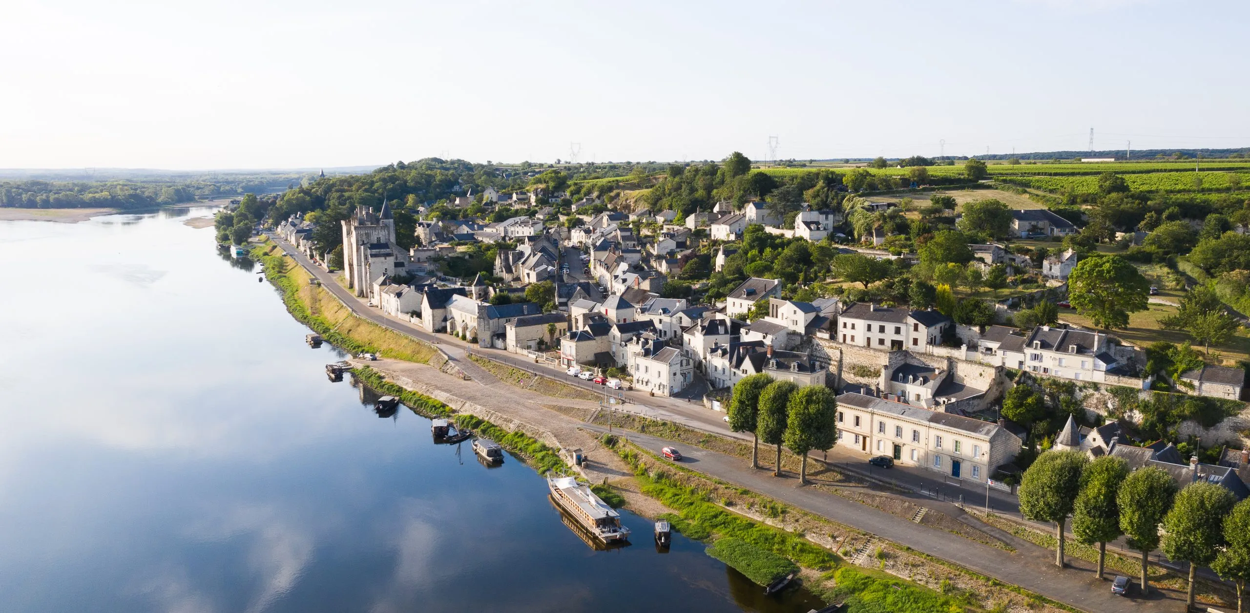 Drone view of the village of Montsoreau, on the Loire River