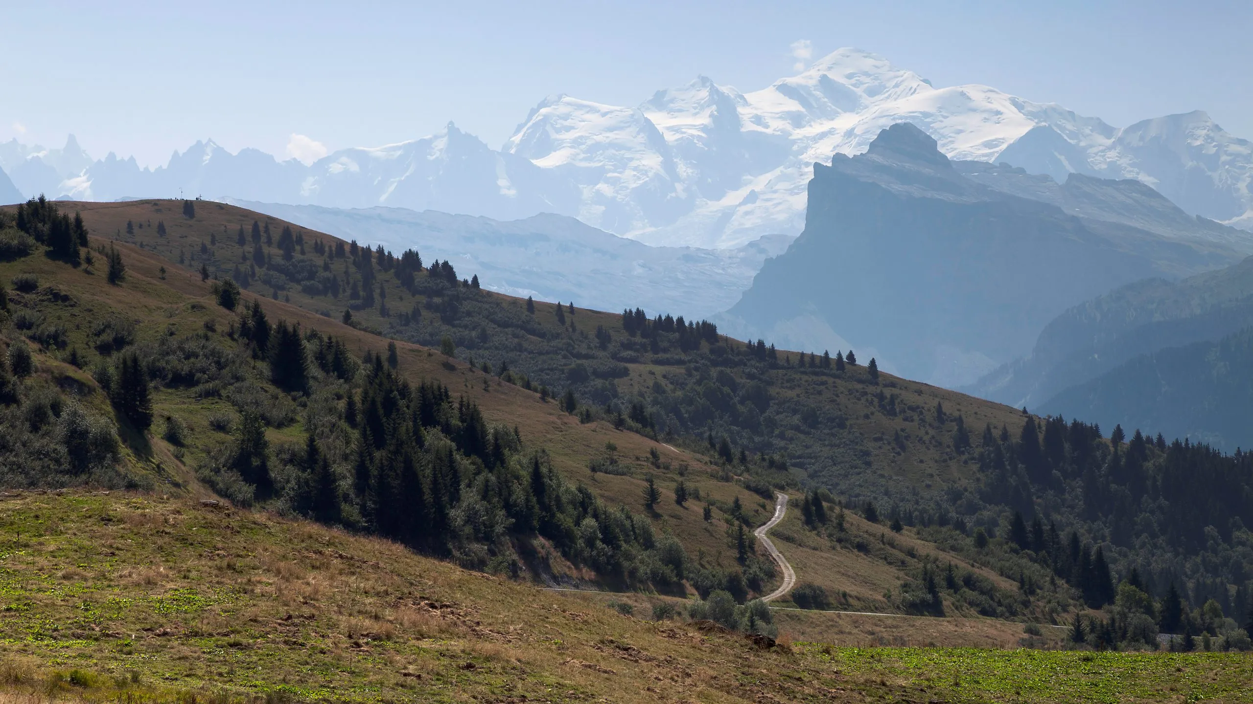 Summertime view to snow-capped Mont Blanc from Col de Joux Plane (between Morzine and Samoens in the French Alps)