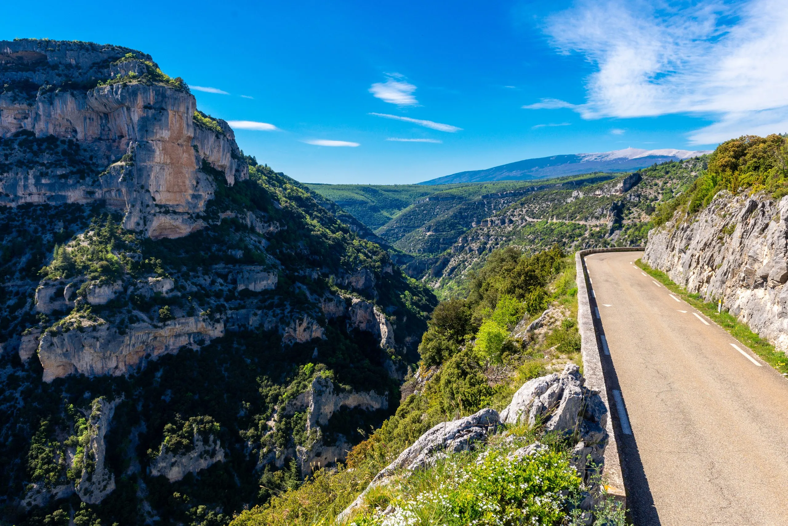 The Gorges de la Nesque is a canyon in the Vaucluse mountains that was created by the passage of the river Nesque.  The gorges forms part of the Mont Ventoux Biosphere Reserve. Some of the cliffs are over 200 metres high.